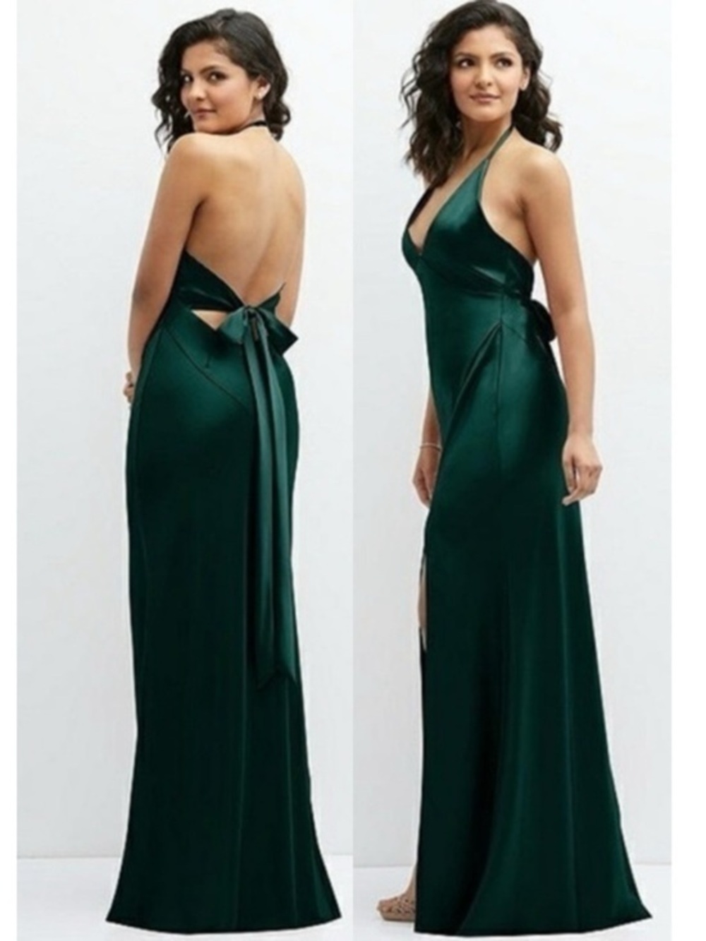NWT After Six Dessy Neu Charmeuse V-Neck Halter Maxi Bias Dress Gown Small 6885